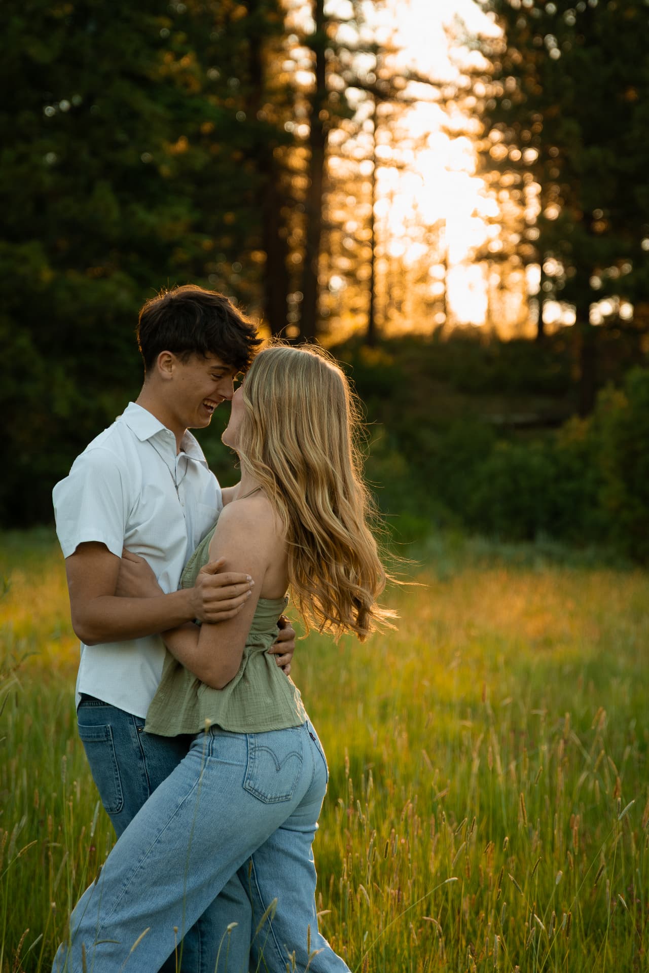 Couple forehead to forehead in a meadow with golden sunset light through the pines